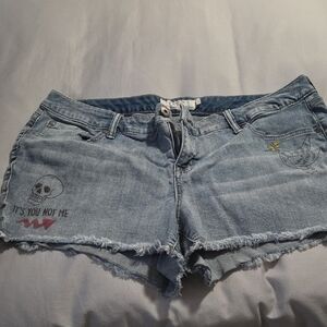 Torrid Blue Jean Shorts with Distressed Hem and Embroidery